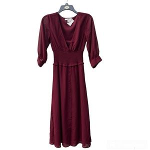Q & A Midi  Burgundy V Neck 3/4 Sleeve Sheer Dress Size S